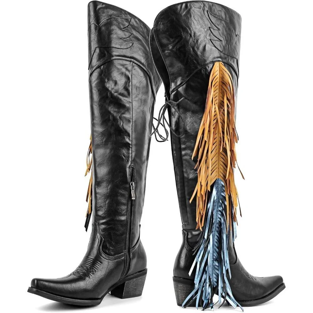 Women Black Polyurethane Pointed Toe Fringe Adjustable Thigh High Cowgirl Boot